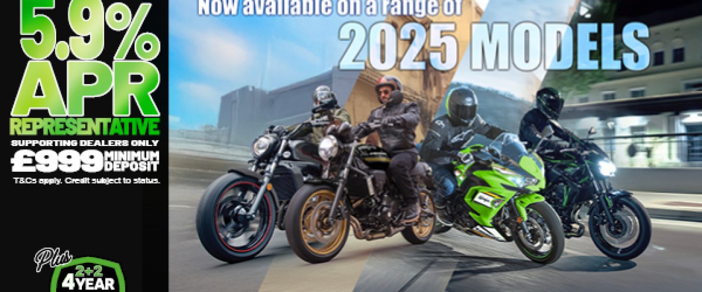 Enjoy 0% APR on HP and 5.9% PCP APR Representative on a wide range of Kawasaki machines!